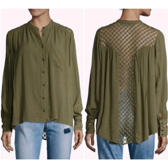 Free People Tops - Free People The Best Crochet Button Down Shirt oversized Olive Green